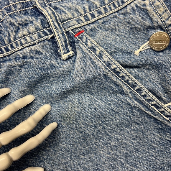 Mickey Mouse Denim Overall Bib Shorts Sz L USA Theme Blue Big Mickey Graphic - Picture 7 of 16